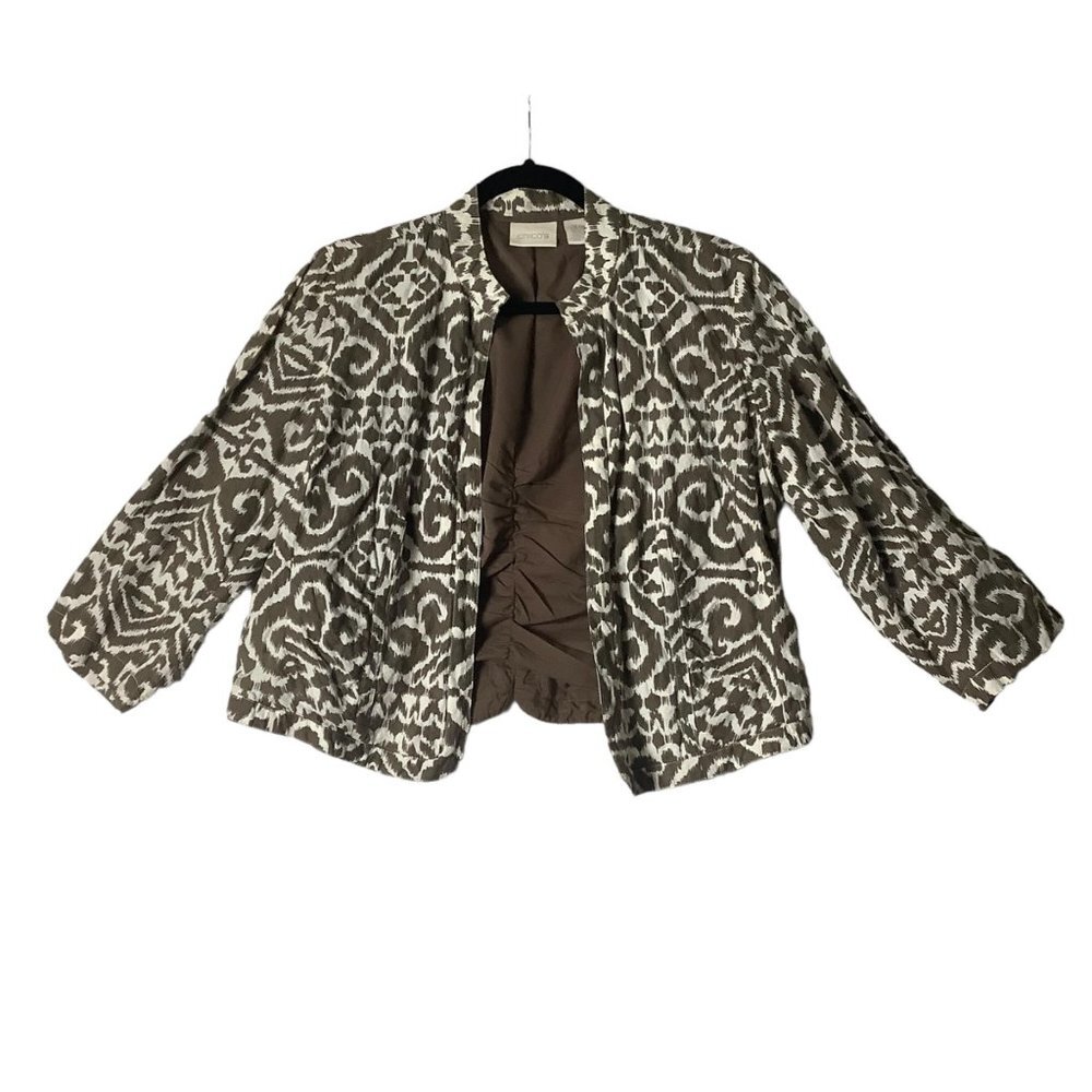 Chico's Jacket Blazer Women Size 1 US 8 Brown Abstract Open Front Cropped Career